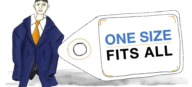 alt Picture of a boy wearing oversized clothes, with a message reading One Size Fits All - Transport visualiser